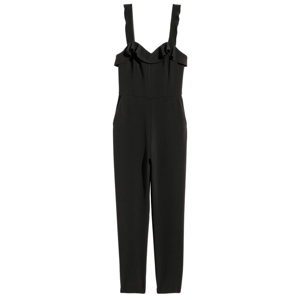 H&M Ruffle Jumpsuit Sleeveless Structured Skinny Slim Leg Black NWT 8 M